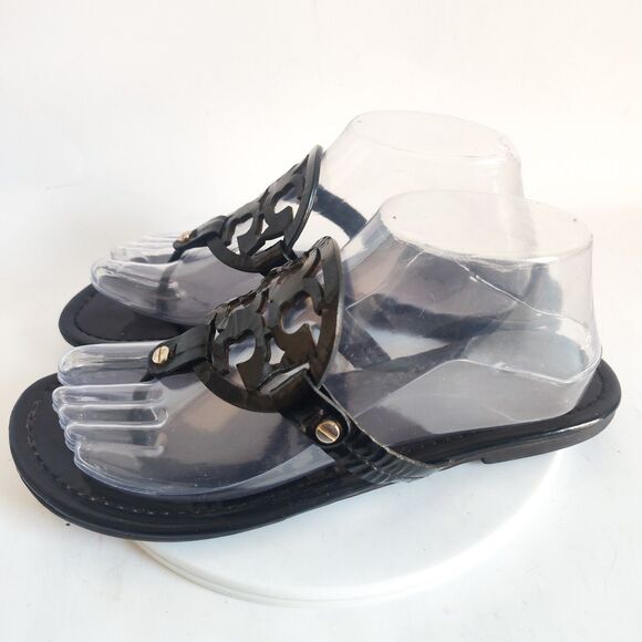 Tory Burch Sandals Size 8.5 Miller Logo Black Patent Leather Flat Thong Preppy - Picture 5 of 12